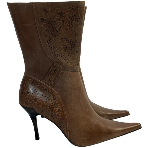Facci Respect Brown Leather Stiletto Point Toe Boots Size 37 US 7 NWOB - Picture 1 of 8